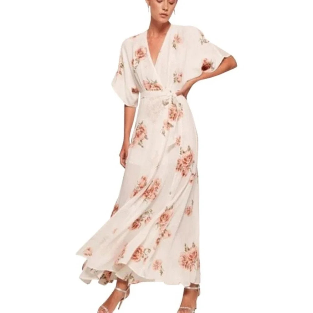 Reformation white pink Winslow floral wrap maxi dress size XS